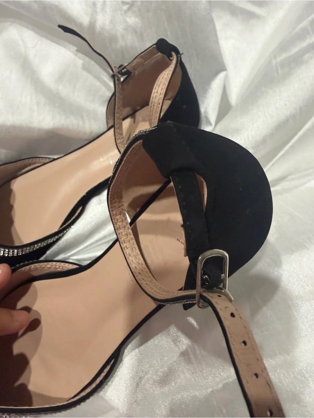SHEIN Black Pointed-Toe Rhinestone Bow Ankle-Strap Flats